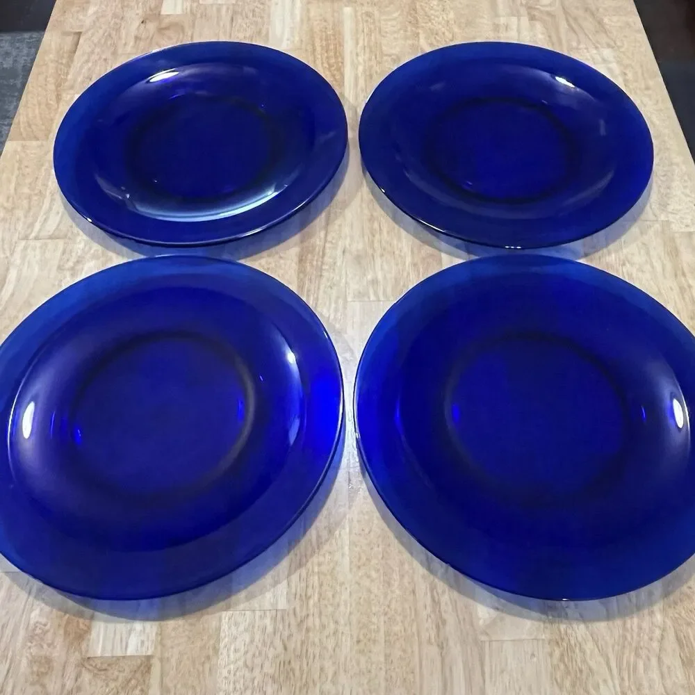 Vintage Sapphire Cobalt Blue Translucent Set of 4 Dinner Plates 11.5”